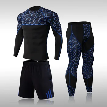 Veikia 3Pcs/Set Vyrų Gimnastikos Fitneso Drabužių Suspaudimo Vyrų Sporto Kostiumai Quick Dry Mokymo Sportinės aprangos Komplektai Kvėpuojantis Triko