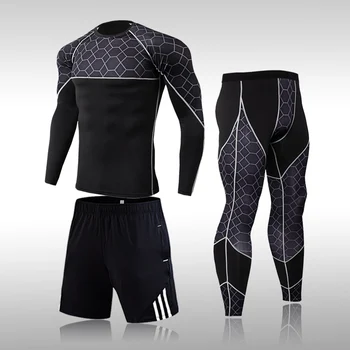 Veikia 3Pcs/Set Vyrų Gimnastikos Fitneso Drabužių Suspaudimo Vyrų Sporto Kostiumai Quick Dry Mokymo Sportinės aprangos Komplektai Kvėpuojantis Triko