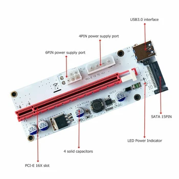 VER008S PCI-E Riser Card PCI Express 1X iki 16X Pratęsimo 60CM USB3.0 Kabelis 4Pin 6Pin SATA Power LED už BTC Miner Kasyba
