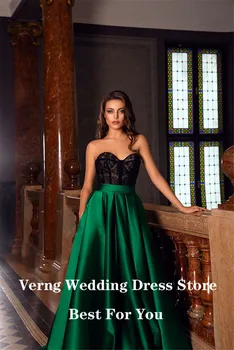 Verngo 2021 Elegantiškas Smaragdas Žalia Satin Ilgos Vakarinės Suknelės Brangioji Juoda Nėrinių Viršų Ritininės Prom Chalatai Lankas Oficialų Šalis Suknelė