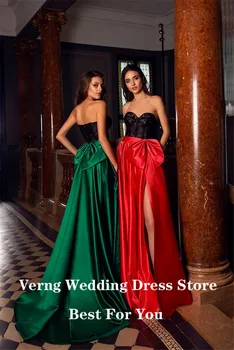 Verngo 2021 Elegantiškas Smaragdas Žalia Satin Ilgos Vakarinės Suknelės Brangioji Juoda Nėrinių Viršų Ritininės Prom Chalatai Lankas Oficialų Šalis Suknelė