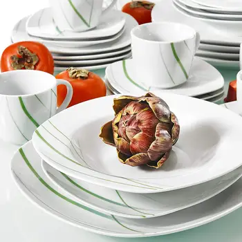 VEWEET AVIVA 30-Gabalas Virtuvės Žalia Linija Kinijos Porceliano Keramikos Plokštės Rinkinys su Desertas Plokštės,Sriubos Lėkštės,Vakarienė Plokštės,Taurės ir Lėkštė