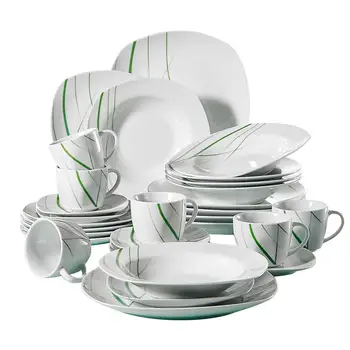 VEWEET AVIVA 30-Gabalas Virtuvės Žalia Linija Kinijos Porceliano Keramikos Plokštės Rinkinys su Desertas Plokštės,Sriubos Lėkštės,Vakarienė Plokštės,Taurės ir Lėkštė