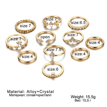 Vienkim Boho 11pcs/Set Geometrinis Kristalų Žiedai Aukso Spalvos Žiedas Papuošalai Moterims, Naujas Bohemijos Sąnario Piršto Žiedai Nustatyti Moteris