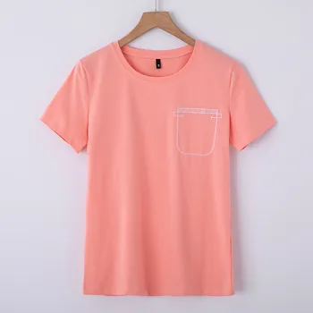 Vientisos Spalvos marškinėliai Moterų trumpomis Rankovėmis Vasarą 2020 Paprasta Nauja Išsiuvinėti Kišenėje apvalios Kaklo Marškinėliai Slim Moterų Didmeninė 6725