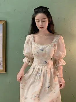 Vintage Retro Suknelė Atsitiktinis Korėjos Stiliaus Nėriniais, Šifono Vasaros Šalis Suknelė 2021 Moterų Elegantiškas Prancūzų Stiliaus Gėlių Spausdinti Pasakų Suknelė