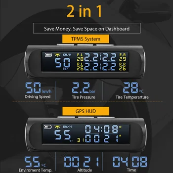 Vjoycar Naujausias 2 in 1 Automobilis HUD GPS Spidometras + TPMS Padangų Slėgio Stebėjimo Sistema Wireless Solar Power Apsaugos Signalizacijos Sistema