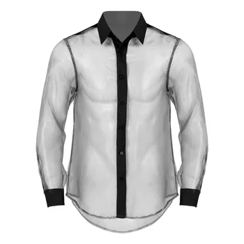 Vyrai Atsitiktinis Marškinėliai Blizga Žr.-per Organza marškinėliai ilgomis Rankovėmis Mygtuką Žemyn Marškiniai Viršūnes Seksualus Apatiniai Šalies Clubwear Kostiumai