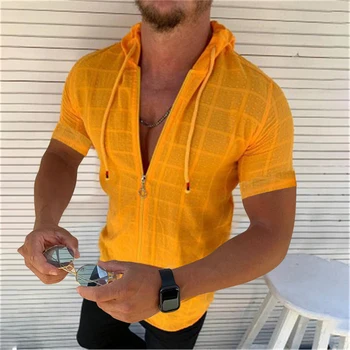 Vyriški marškiniai, 2021 Hoodie trumpas rankovės Marškinėliai vyriški Vasaros Užtrauktukas Atsitiktinis Pledas Viršuje Kietos Baltos spalvos Palaidinė Vyrų Atidaryti Dygsnio Plonas Drabužių