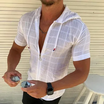 Vyriški marškiniai, 2021 Hoodie trumpas rankovės Marškinėliai vyriški Vasaros Užtrauktukas Atsitiktinis Pledas Viršuje Kietos Baltos spalvos Palaidinė Vyrų Atidaryti Dygsnio Plonas Drabužių