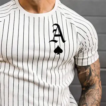 Vyrų marškinėliai trumpomis Rankovėmis Kastuvu Ace Poker Spausdinti Vertikalios Juostelės Slim T-shirt Viršuje apvalios kaklo viršūnes elementas madinga vyriški T-shirt