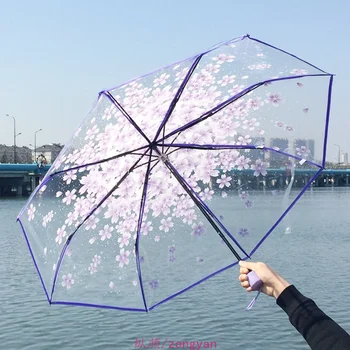 Vėjo, Rainproof ir UV-įrodymas, Skėtis skaidrus Skaidrus Grybų Cherry Blossom Spausdinimo Tris kartus Skėtis