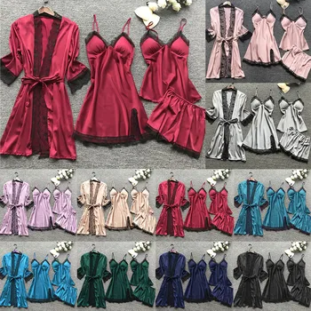 WENYUJH 2021 Moterų Pižama Rinkinys Satin Sleepwear Šilko 4 Gabalus, naktiniai drabužiai Pyjama Spageti Dirželis Nėrinių Lounge 