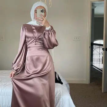 Wepbel Skraiste Ramadanas Dubajus Elegantiškas Satino Suknelė Moterims Abaja Musulmonų Suknelė ilgomis Rankovėmis Arabų Skraiste Abaja Nėriniai-up Dviejų krypčių Suknelė