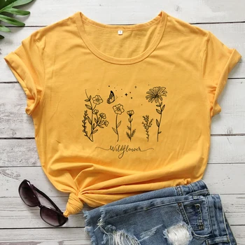 Wildflower Ir Butterfly marškinėliai Medvilnė, Botanikos Pobūdžio Marškinėlius Estetinės Moterų Boho Sodo Viršuje Tee Dropshipping