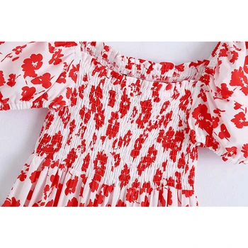WXWT Za Moterims, Raudonos spalvos Gėlių Spausdinti Popelinowy Prašmatnus Suknelė Sluoksniuotos Rankovėmis Smocked Elastinga Moterų Suknelės Mujer Vestidos BB1444