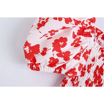 WXWT Za Moterims, Raudonos spalvos Gėlių Spausdinti Popelinowy Prašmatnus Suknelė Sluoksniuotos Rankovėmis Smocked Elastinga Moterų Suknelės Mujer Vestidos BB1444