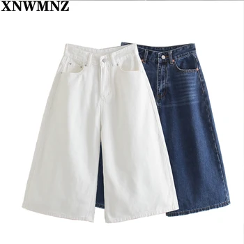 XNWMNZ 70 Moterų Vintage Blue White Denim Šortai Moteriška išblėso didelio juosmens pločio kojų bermudai šortai kišenės zip fly džinsinio džinsus