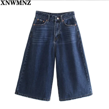 XNWMNZ 70 Moterų Vintage Blue White Denim Šortai Moteriška išblėso didelio juosmens pločio kojų bermudai šortai kišenės zip fly džinsinio džinsus