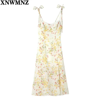 XNWMNZ suknelės moterims 2021 prancūzų Stiliaus Gėlių Spausdinti Aukštos Juosmens Seksualus Pusėje Ritininės Spageti Dirželis Midi Suknelė Moteriška Vasaros apdaras