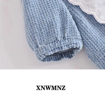 XNWMNZ Za Moterų 2021 m. Pavasario/Vasaros Blue Naujas Viršūnes Retro mielas atvartas sluoksniuotos Rankovėmis Trumpo Džinsinio audinio Top marškinėliai Moterims prašmatnus viršūnės