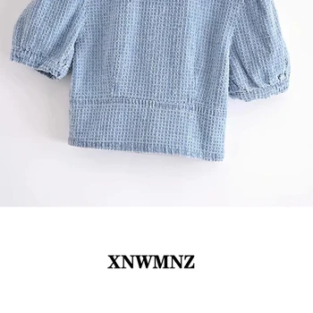 XNWMNZ Za Moterų 2021 m. Pavasario/Vasaros Blue Naujas Viršūnes Retro mielas atvartas sluoksniuotos Rankovėmis Trumpo Džinsinio audinio Top marškinėliai Moterims prašmatnus viršūnės