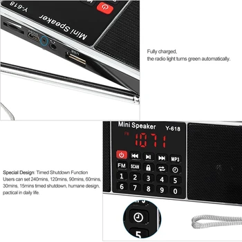 Y-618 Mini Fm Radijas Skaitmeninio Nešiojamų Dual 3W Stereo Garsiakalbis Mp3 Garso Grotuvas, Aukštos Ištikimybės Garso Kokybės W/ 2 Colių Ekranas Skardžiai
