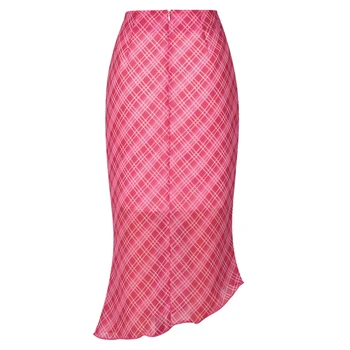 Y2K Estetinės Languotas Sijonas Derliaus Rožinės spalvos Pledas Spausdinti Asimetriškas Sijonas Korėjos Streetwear Moterų Aukšto Juosmens-line Bodycon