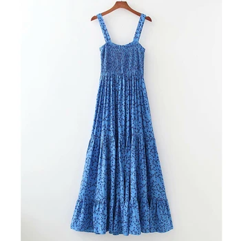 YENKYE Derliaus Gėlių Spausdinti Mėlynos spalvos Ilga Suknelė Moterims Seksualus Rankovių Kvadratinių Kaklo Vasaros Atostogų Šalis Vestido
