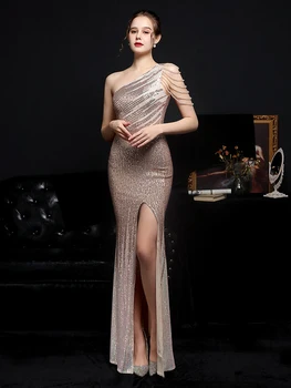 YIDINGZS Moterų Karoliukai Šalis Suknelė Elegantiškas Vieno Peties Ritininės China Promenadzie Suknelė 2021