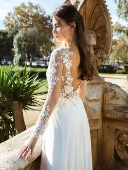 YILIBER Šifono vestuvinė suknelė, o-kaklo, ilgomis rankovėmis graži retro vestuvių suknelė šifono 3d gėlių backless užsakymą