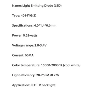 Yongyuekeji 200pcs/daug naujų smd led 4014 3v 60ma 0.2 w lemputė karoliukai kietas whiite remonto led lcd tv apšvietimas baras karšto
