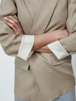 ZA vasaros naują stilių moterų visų rungtynių atsitiktinis palaidų lino laisvalaikio kostiumas striukė su spausdinta rankogaliai
