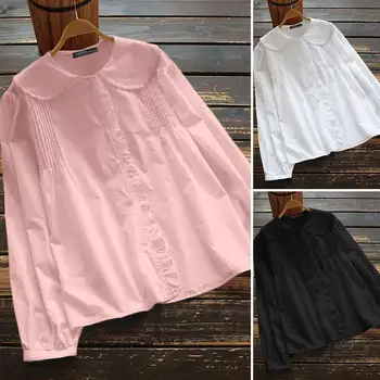 ZANZEA 2021 Elegantiškas Pavasario Marškinėliai Moterų Plisuotos Palaidinukės ilgomis Rankovėmis Blusas Moterų Atsitiktinis Atvartas Mygtuką Tunika Negabaritinių Chemise