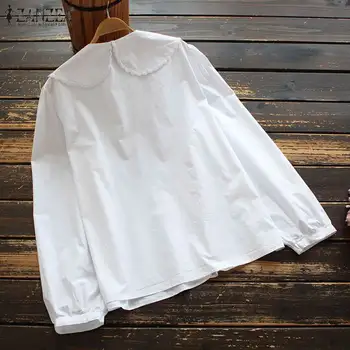 ZANZEA 2021 Elegantiškas Pavasario Marškinėliai Moterų Plisuotos Palaidinukės ilgomis Rankovėmis Blusas Moterų Atsitiktinis Atvartas Mygtuką Tunika Negabaritinių Chemise