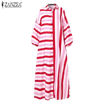 ZANZEA Moterų Retro Marškinėliai, Suknelės, 2021 M. Rudenį Susiuvimo Maxi Vestidos Atsitiktinis Sluoksniuotos Rankovėmis Sundress Moterų Atvartas, Chalatas, Negabaritinių