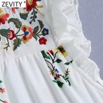 Zevity Moterų Saldus Gėlių Siuvinėjimas Kratinys Spausdinti Balta Midi Suknelė, Prašmatnus Moterų Klostyti Raukiniai Rankovių Atsitiktinis Vestido DS8366