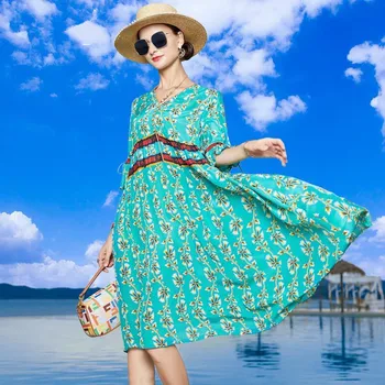 ZUOMAN Plus Size Šilko Suknelė su V-kaklo, 2021 m. Vasarą Ilgai Spausdinti Gėlių Suknele Moterys Prarasti Elegantiškas Atsitiktinis Paplūdimio Suknelės Pusė rankovės