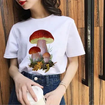 Įdomus Grybų Animacinių filmų Mielas Print T shirt Vasaros Apvalios kaklo trumpomis Rankovėmis 90-ųjų Merginų Atsitiktinis marškinėlius Lady Viršūnės t-shirt femme mujer