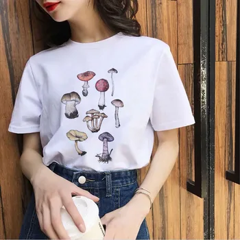 Įdomus Grybų Animacinių filmų Mielas Print T shirt Vasaros Apvalios kaklo trumpomis Rankovėmis 90-ųjų Merginų Atsitiktinis marškinėlius Lady Viršūnės t-shirt femme mujer