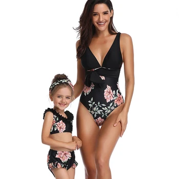 Šeimos Atitikimo maudymosi kostiumėlį Lady Vienas gabalas Bikini Merginos padalinta maudymosi kostiumėlį Su maudymosi Kostiumėliai Gėlių Spausdinti Vaikai Paplūdimio Maudymosi Kostiumai
