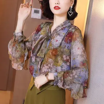 Šilko imitacijos viršuje moterų 2021 m. pavasarį ir rudenį naują stilių Honkongo stiliaus gėlių marškinėliai Vakarų stiliaus susiėmę lankas marškinėliai