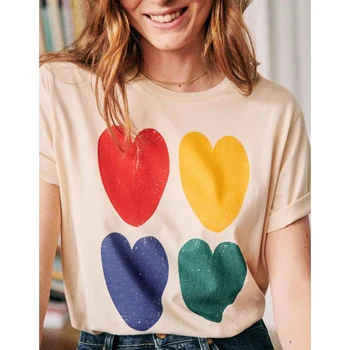 Širdies Print T-Shirt Moterims, Vasaros Trumpomis Rankovėmis Apvalios Kaklo Smėlio Derliaus Atsitiktinis Marškinėliai, Marškinėliai Femme Elegantiškas Viršų Marškinėlius 2021