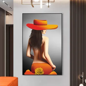Šiuolaikinio Meno Seksualus Orange Didelis Skrybėlę, Moteris, Plakatų ir grafikos Drobės, Paveikslai, Sienos Menas Nuotraukas Kambarį Dekoro Neįrėminti