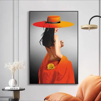 Šiuolaikinio Meno Seksualus Orange Didelis Skrybėlę, Moteris, Plakatų ir grafikos Drobės, Paveikslai, Sienos Menas Nuotraukas Kambarį Dekoro Neįrėminti